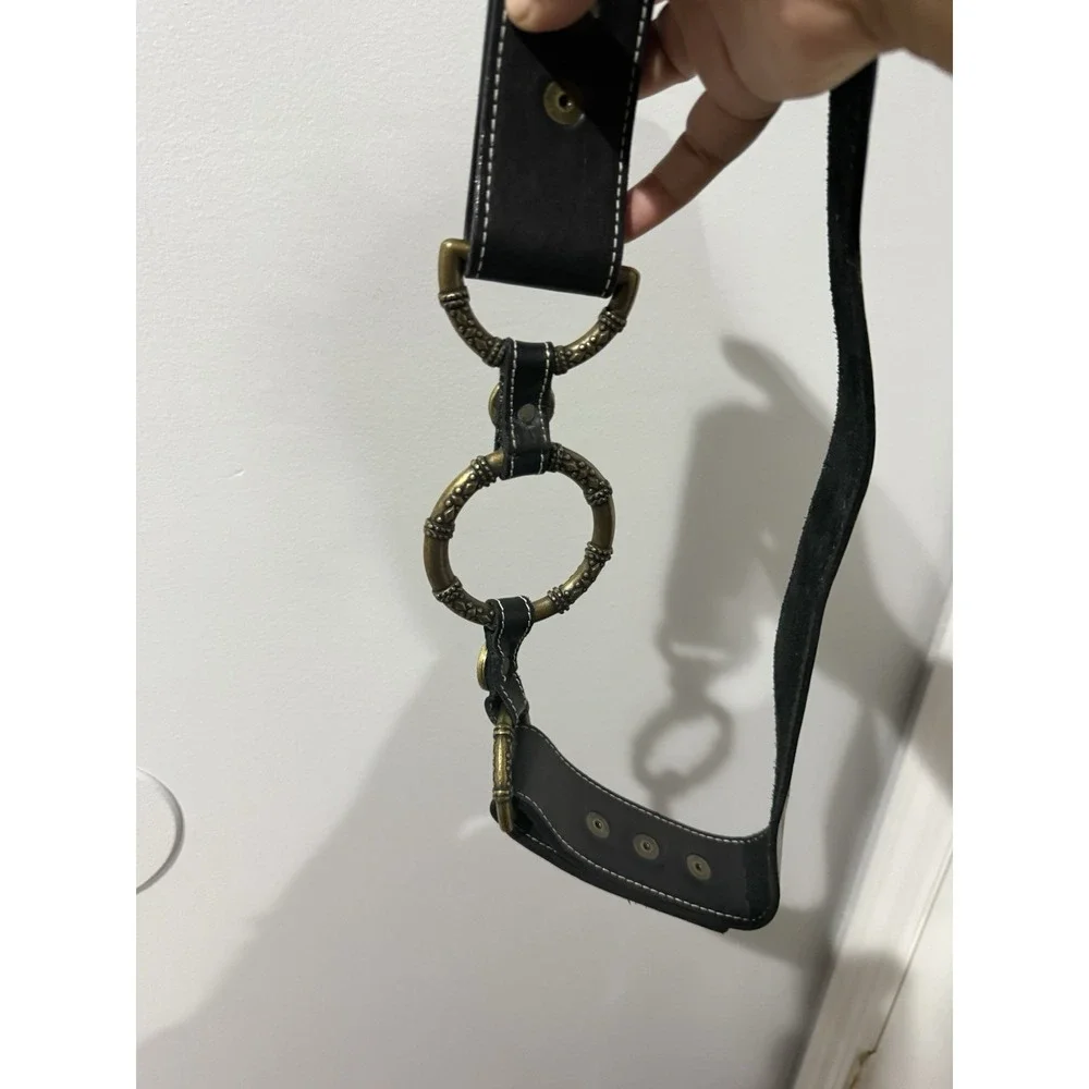 VTG Black Leather Belt Gold Brass Rings‎ Snap Closure Western Hobo Boho 42